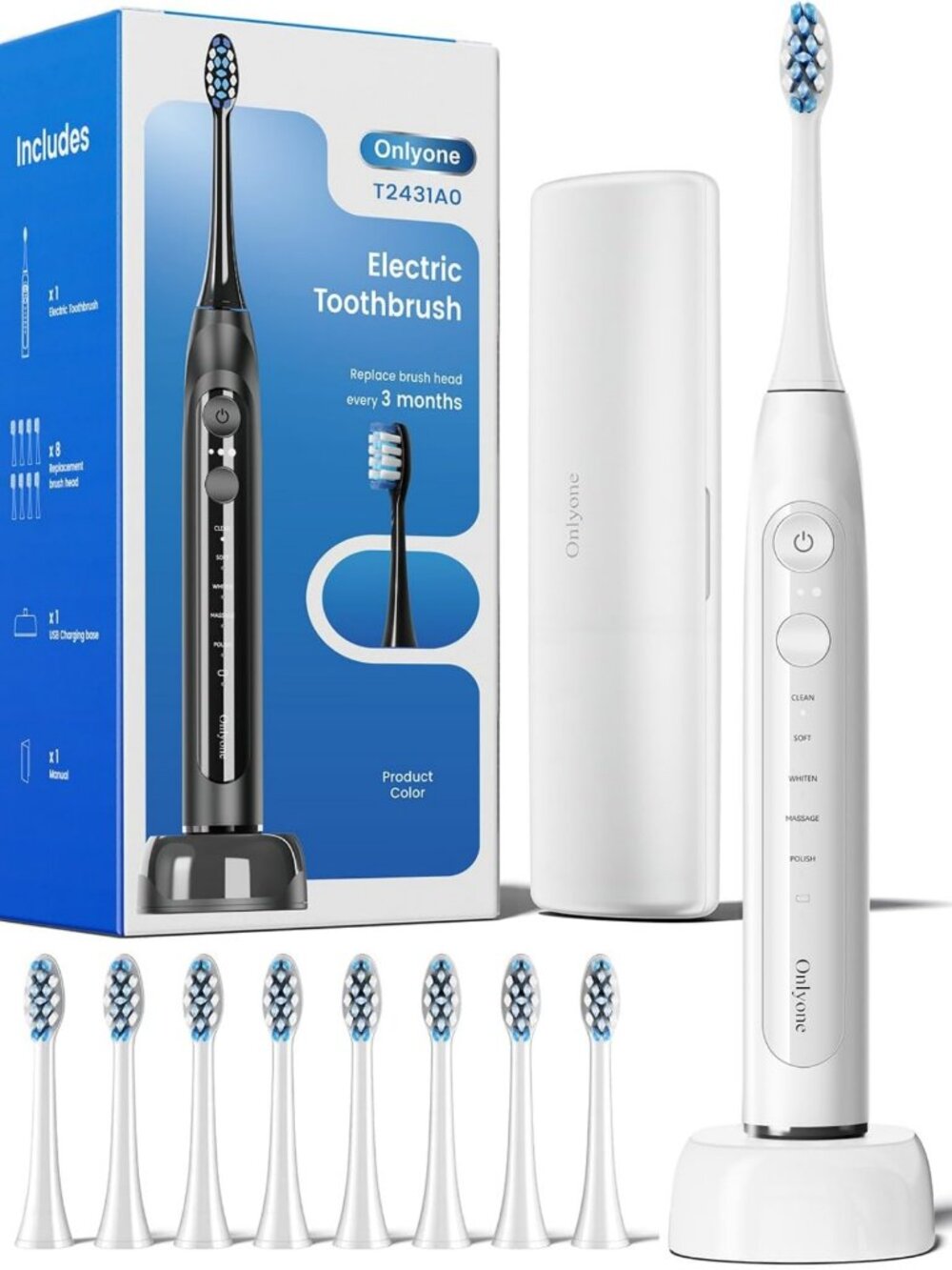 Rechargeable Electric Toothbrush for Adults, 8 Brush Heads, Travel Case & 5